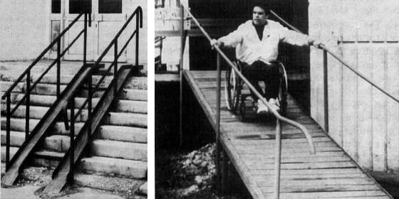 Варианты пандусов у высоких подъездов московских домов. Швеллеры (А); Надежный пандус в доме Н.Корзенева (Б).