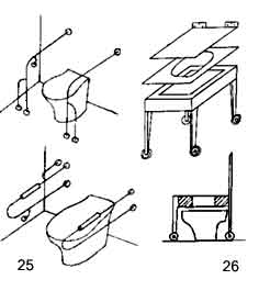 Рис. 25. Варианты расположения поручней в туалете. Рис. 26. Портативный стульчик для туалета (предложение Ю. И. Хачиянца, Москва).