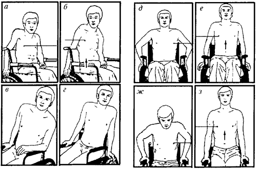 Варианты отжатия от сидения коляски для ослабления давления на ягодицы для больных с разным уровнем поражения: с уровня С5 (рис. а-б), с уровня С6 (рис. в), с уровня С7 (рис. г), с уровня С7 при неработающих пальцах (рис. д-е), с уровня Т1 (рис. ж-з).